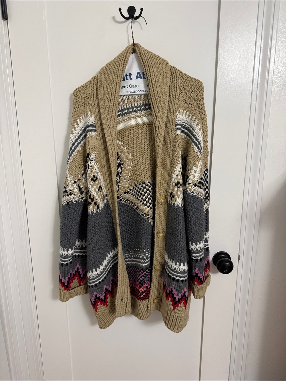 Lucky Brand Multicolor Shawl-Collar Knit Cardigan in Taupe, Gray & Pink